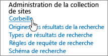 Paramètres sous le titre Administrateur de collection de sites avec l’option Corbeille mise en évidence