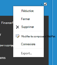 Menu composant WebPart pour sélectionner Modifier le composant WebPart