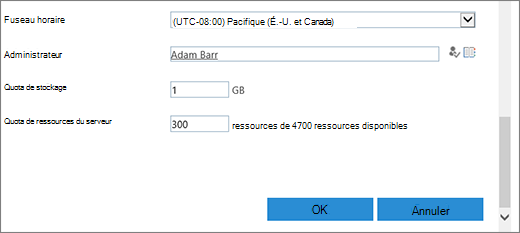 Boîte de dialogue nouvelle collection de sites avec la section fuseau horaire et quotas.