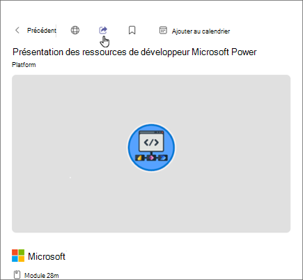 Capture d’écran de Viva Learning mettant en surbrillance le bouton Partager en haut d’un élément de contenu, dans le coin supérieur gauche près du bouton Précédent.