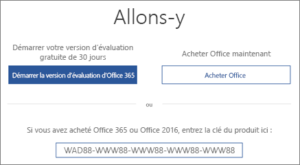 Affiche l’écran de mise en route qui indique qu’une version d’évaluation d’Office 365 est présente sur cet appareil