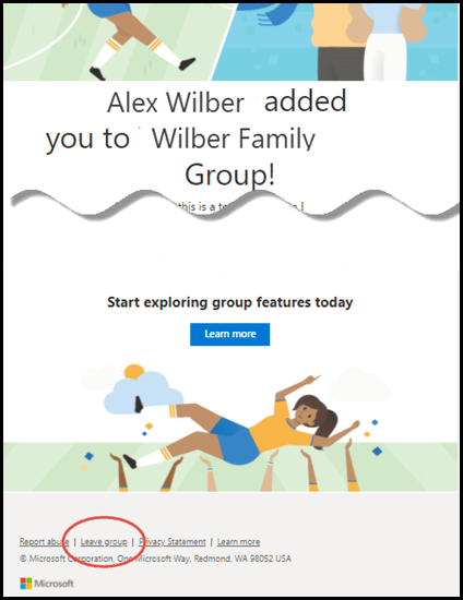 Le message de bienvenue du groupe Outlook.com montrant le nom de la personne qui vous a ajouté au groupe et le lien quitter le groupe en bas du message.