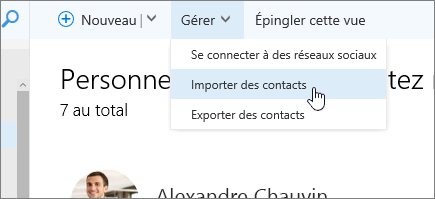 Capture d’écran de la commande Gérer, avec l’option Importer des contacts sélectionnée.