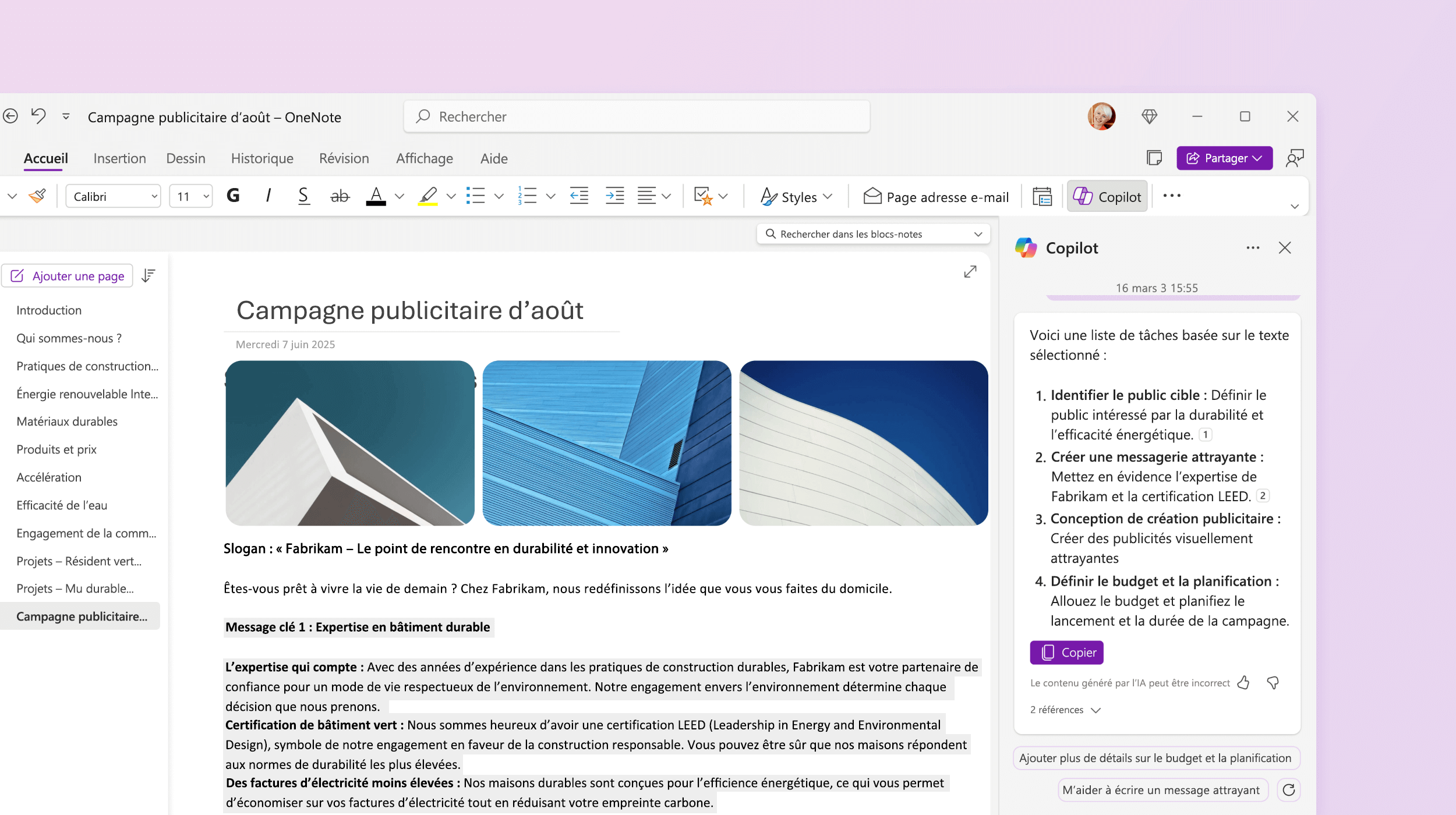 Capture d’écran montrant Copilot dans OneNote créant une liste de tâches.