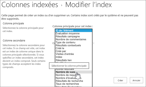 Modifier la page d’index avec la colonne sélectionnée dans la zone de texte