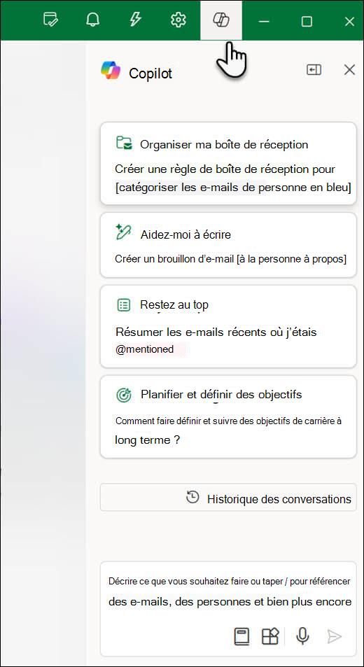 Volet de conversation Copilot dans Outlook.