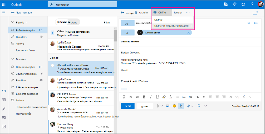 Volet de lecture Outlook avec les options de chiffrement mises en évidence