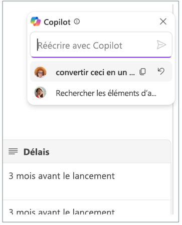 Capture d’écran illustrant l’historique de l’invite de Loop Copilot impliquant deux coéquipiers