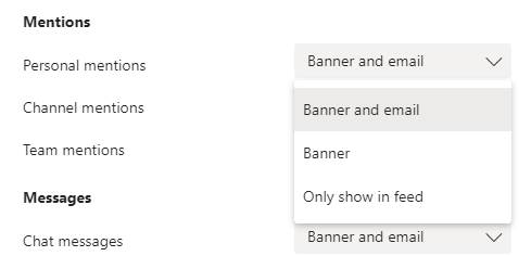Utiliser les menus déroulants pour activer, désactiver ou modifier le type de notifications que vous voulez dans Microsoft Teams