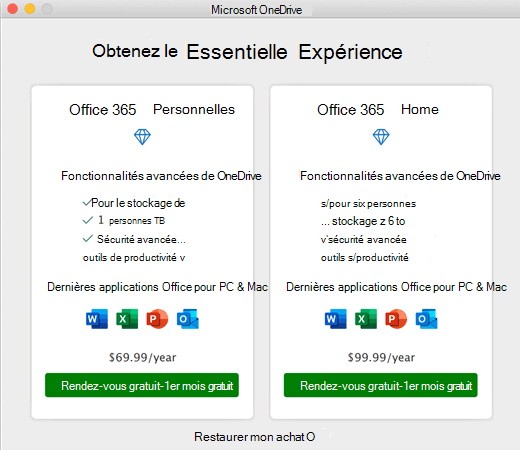 Capture d’écran de la boîte de dialogue Obtenir l’expérience Premium de OneDrive