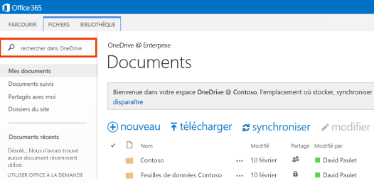 Capture d’écran de la zone Rechercher dans OneDrive dans Office 365.