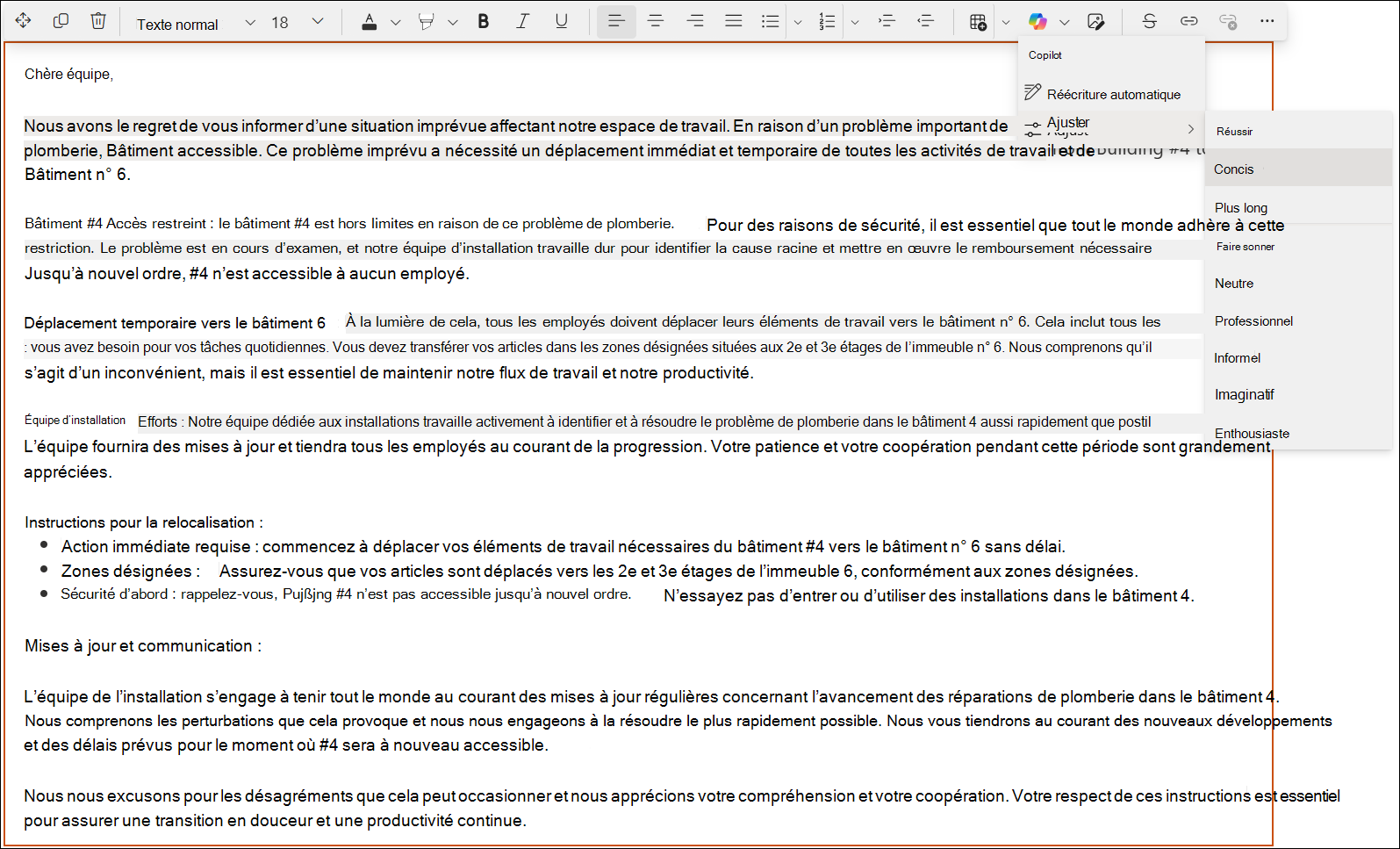 Capture d’écran d’un texte long dans l’éditeur de texte enrichi SharePoint.