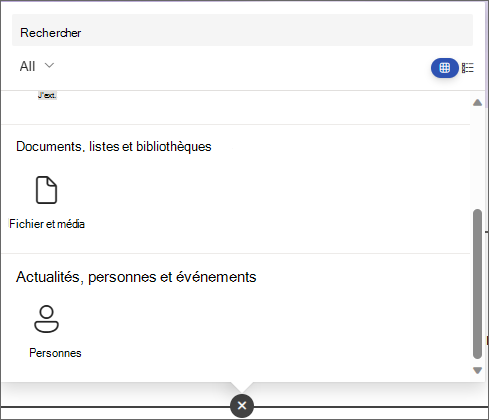 Capture d’écran du volet pour choisir un composant WebPart, montrant les composants WebPart Fichier et média et Personnes.