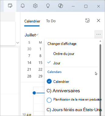 Sélectionnez Changer d’affichage pour afficher l’affichage Agenda ou l’affichage Jour. C’est ici que vous pouvez également choisir les calendriers à afficher.