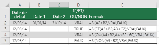 Exemples d’utilisation de la fonction SI avec les fonctions ET, OU et NON pour évaluer des dates