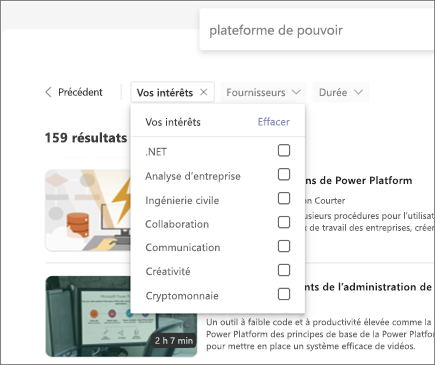 Capture d’écran de Viva Learning mettant en évidence le filtre « Vos centres d’intérêt » pour le contenu sous la barre de recherche.