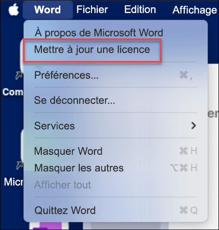 Recherche du bouton Mettre à jour la licence dans Microsoft Word sur MacOS.