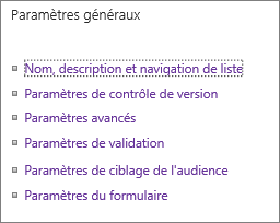 Liens Des paramètres généraux de liste