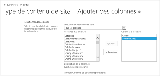 Ajouter des colonnes existantes à un type de contenu