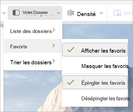Capture d’écran de la liste déroulante du volet Dossier avec Afficher les favoris et Épingler les favoris sélectionnés