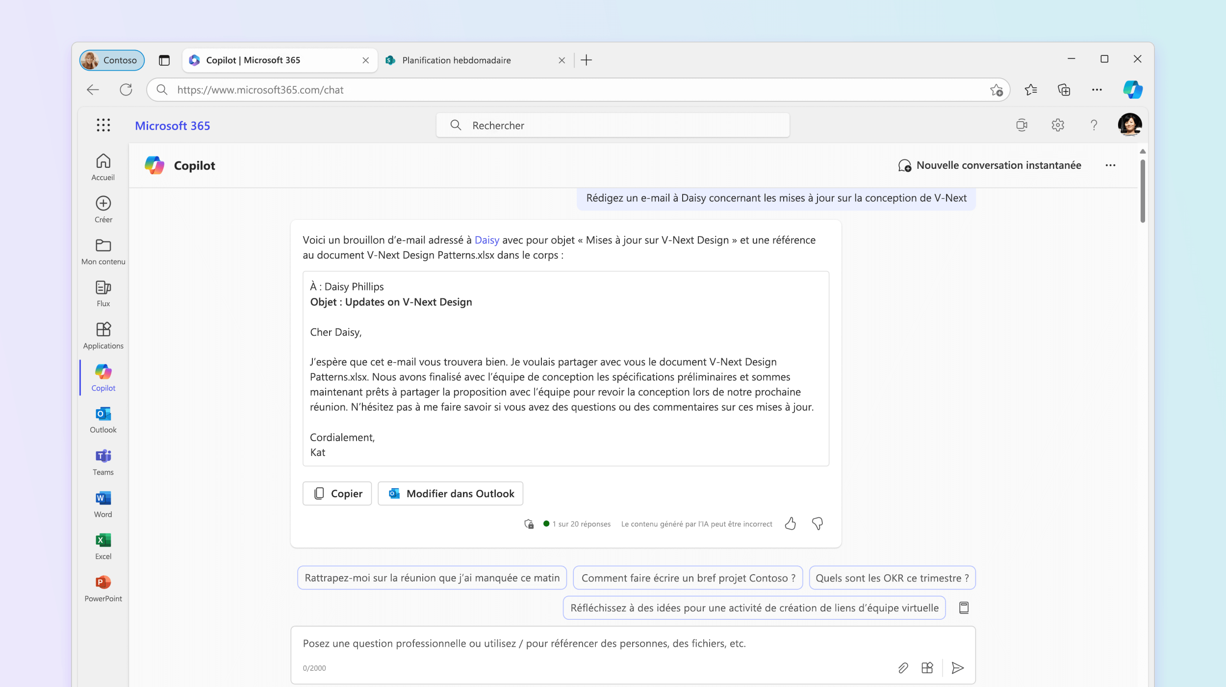 Capture d’écran montrant Microsoft 365 Chat rédiger un e-mail.