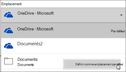 Boîte de dialogue enregistrement de fichier dans Office 365 montrant la liste des dossiers développée de sorte que le client puisse changer le dossier d’enregistrement par défaut