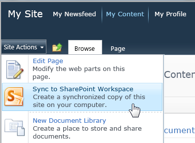Commande Synchroniser avec SharePoint Workspace dans le menu Actions du site