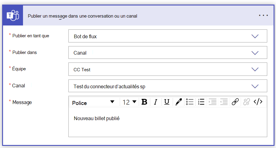 Capture d’écran du message de publication dans le formulaire de canal de conversation rempli