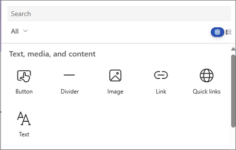 Capture d’écran du panneau de sélection d’un composant WebPart, montrant Bouton, Diviseur, Image, Lien, Liens rapides et Texte.