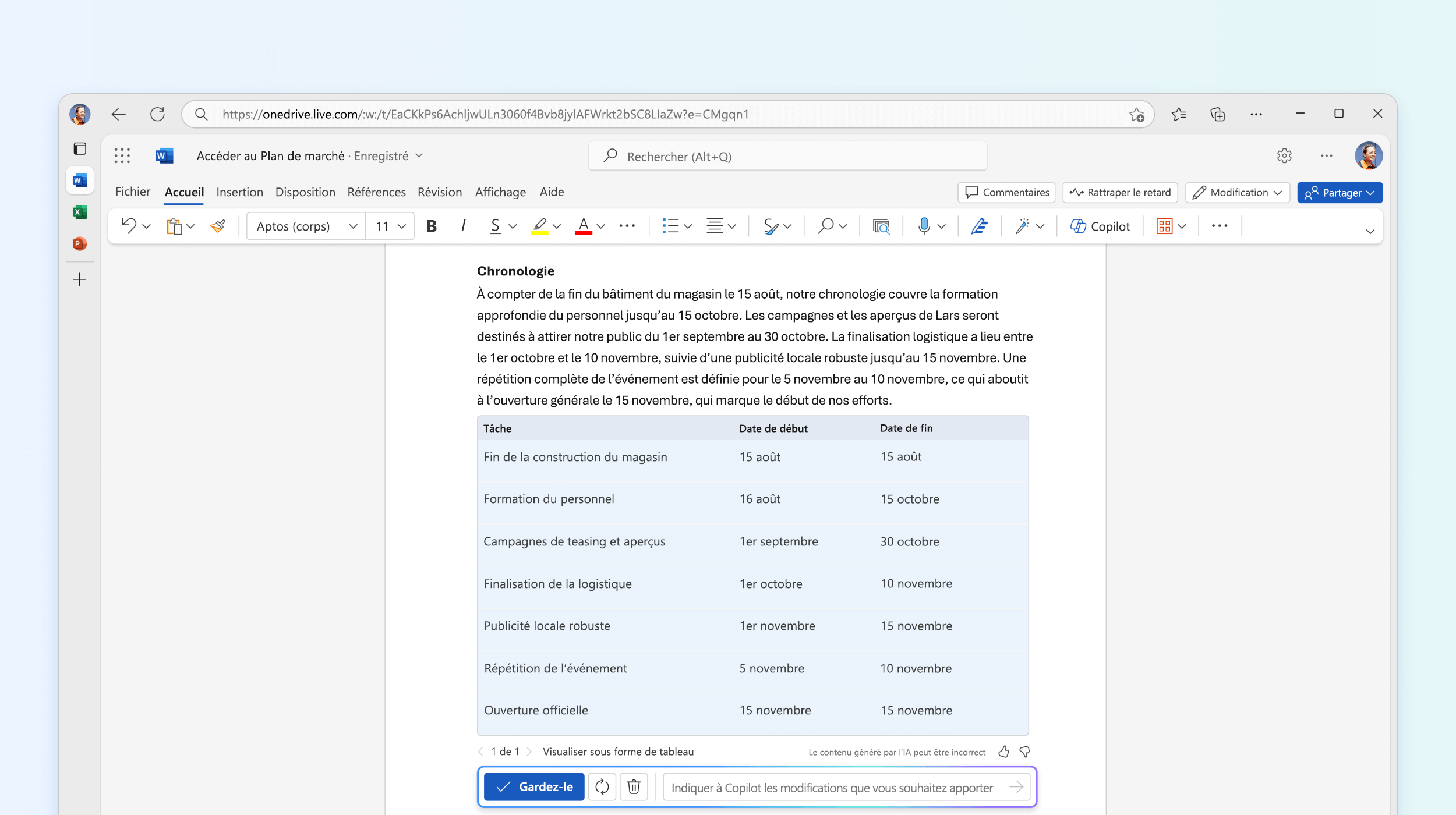 Capture d’écran du texte à tabler dans Copilot dans Word