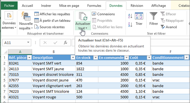 Feuille de calcul Excel avec liste importée et bouton Actualiser tout mis en évidence.