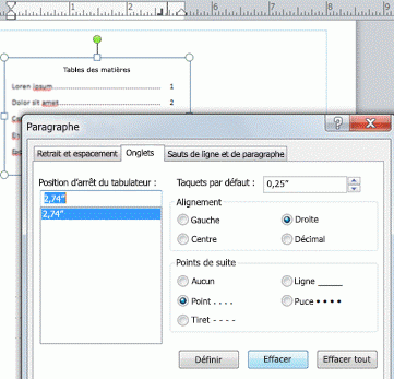 TAB dialog box with options for a TOC