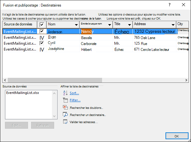 Boîte de dialogue Fusion et publipostage : Destinataires qui affiche le contenu d’une feuille de calcul Excel utilisée comme source de données pour une liste de diffusion