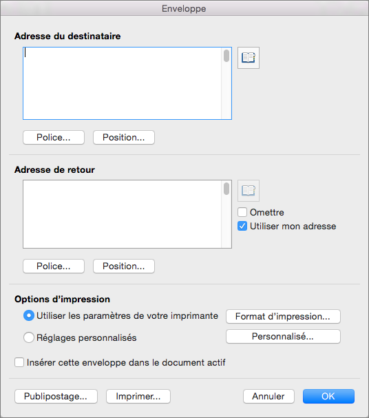Entrez des adresses et configurez les styles et options dans la boîte de dialogue Enveloppe.