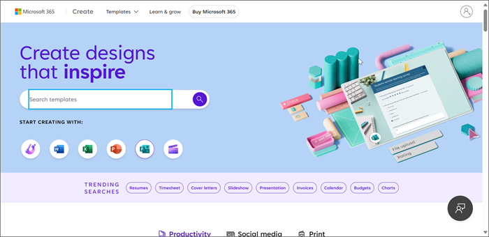 Microsoft Create page d’accueil avec le focus sur la fenêtre de recherche.