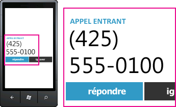 Capture d'écran montrant le numéro de téléphone d'un appel entrant et le bouton pour répondre sur un client mobile Lync