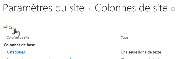 Bouton Créer dans la page des colonnes du site