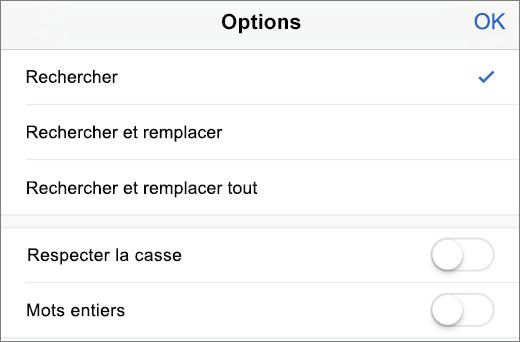 Affiche les options Rechercher et remplacer, dans Word pour iPhone.