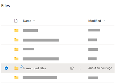 Dossiers OneDrive avec dossier Fichiers transcrits visible