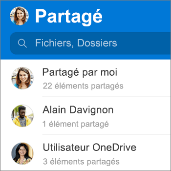 Vue des fichiers partagés dans l’application OneDrive pour Android