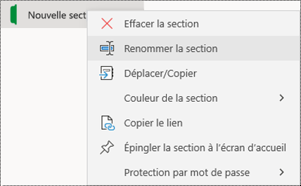 Capture d’écran du menu contextuel permettant de renommer un onglet de section dans OneNote pour Windows 10.