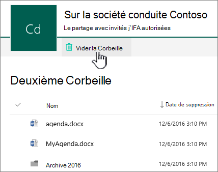 Corbeille SharePoint Online de 2e niveau avec le bouton Corbeille vide mis en surbrillance