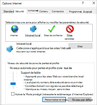 Onglet sécurité des options d’Internet Explorer, avec le bouton Personnaliser le niveau