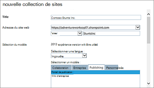 Moitié supérieure de la boîte de dialogue nouvelle collection de sites avec le portail de publication surligné