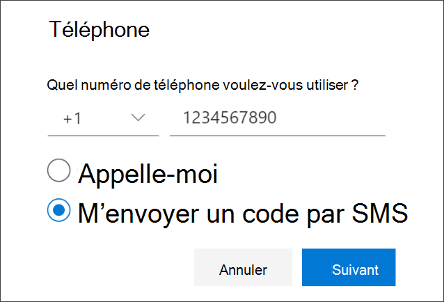 Capture d’écran 2010 Téléphone la page « Envoyez-moi un code par SMS » sélectionnée.