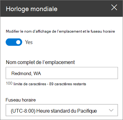 Boîte à outils du composant WebPart Horloge mondiale pour les sites SharePoint, montrant comment personnaliser un nom d’affichage et un fuseau horaire