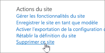 Menu Paramètres du site avec Supprimer ce site mis en surbrillance