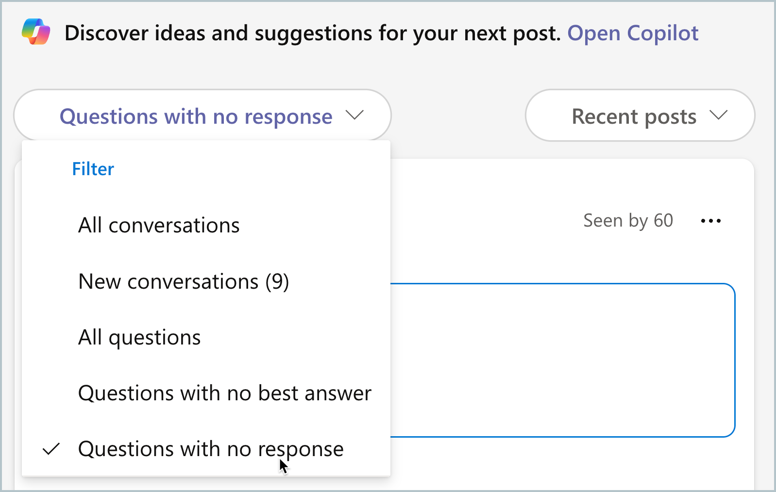 Capture d’écran montrant le filtre Questions sans réponse pour trouver rapidement des questions sans réponse.