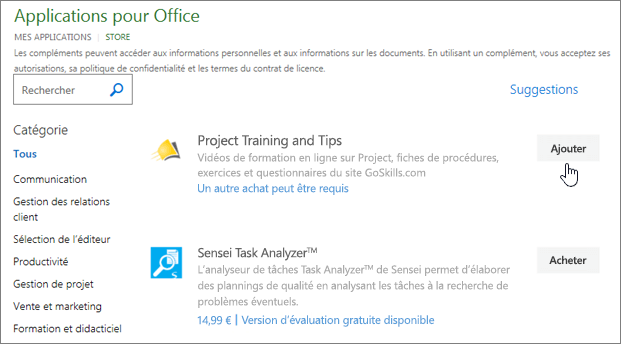 Capture d’écran de la page Compléments Office dans le Windows Store dans laquelle vous pouvez sélectionner ou rechercher un complément pour Project.