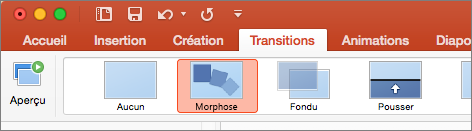 Transition Transformer dans le menu Transitions de PowerPoint 2016 pour Mac